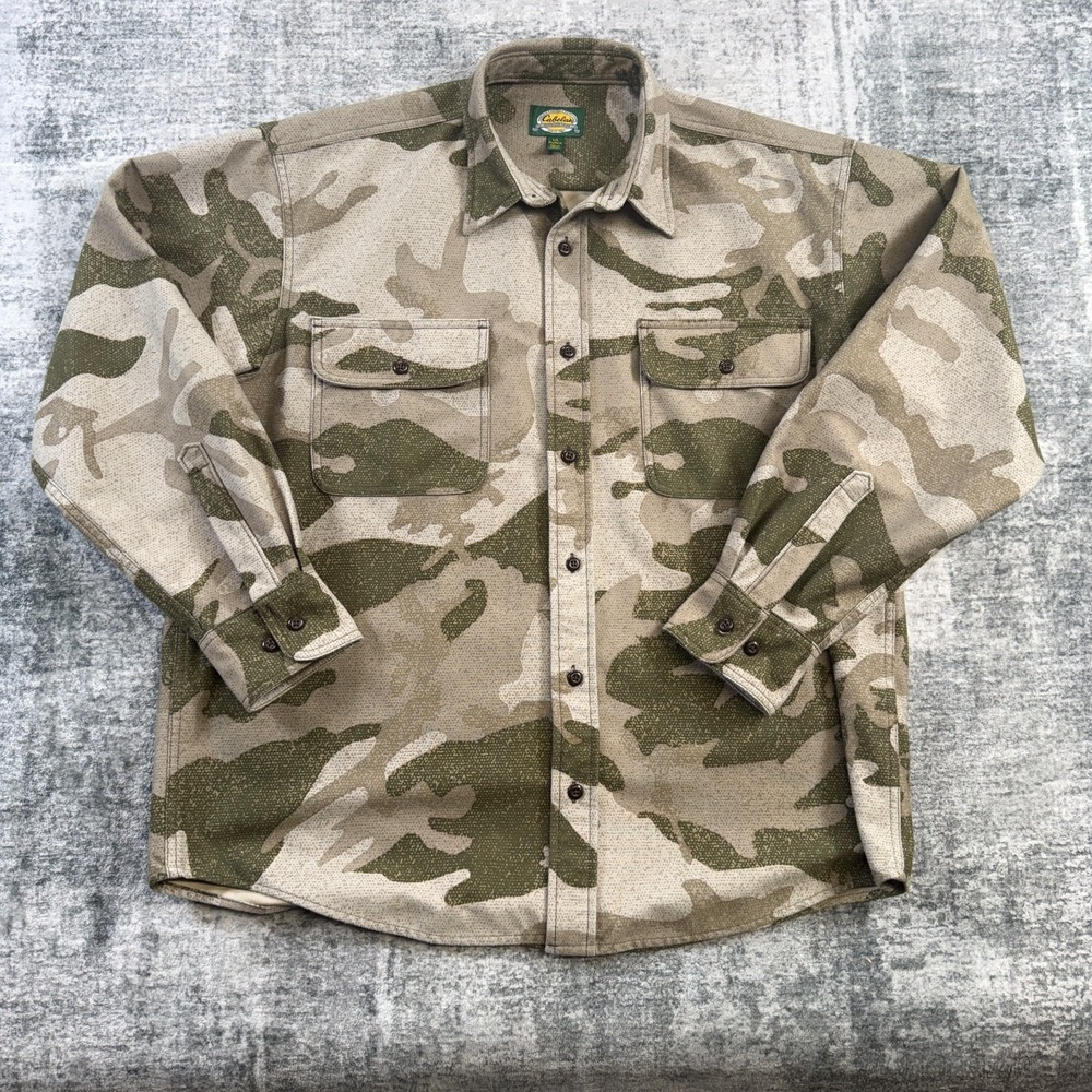 Cabelas Microtex Shirt Mens Large Camo Hunting Heavy Utility Button Up Y2K